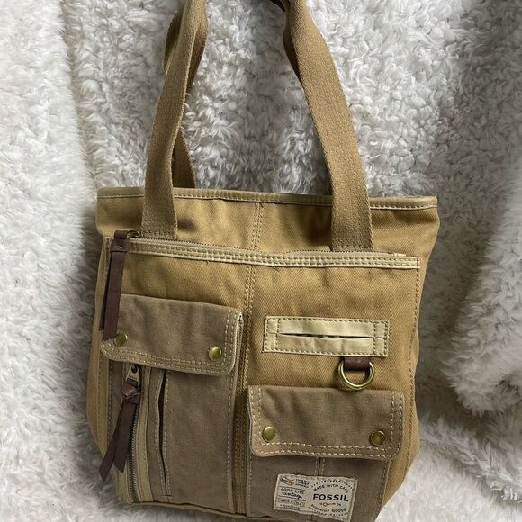 Fossil long live vintage khaki & Brown canvas shoulder bag antique tone hardware - Picture 4 of 14